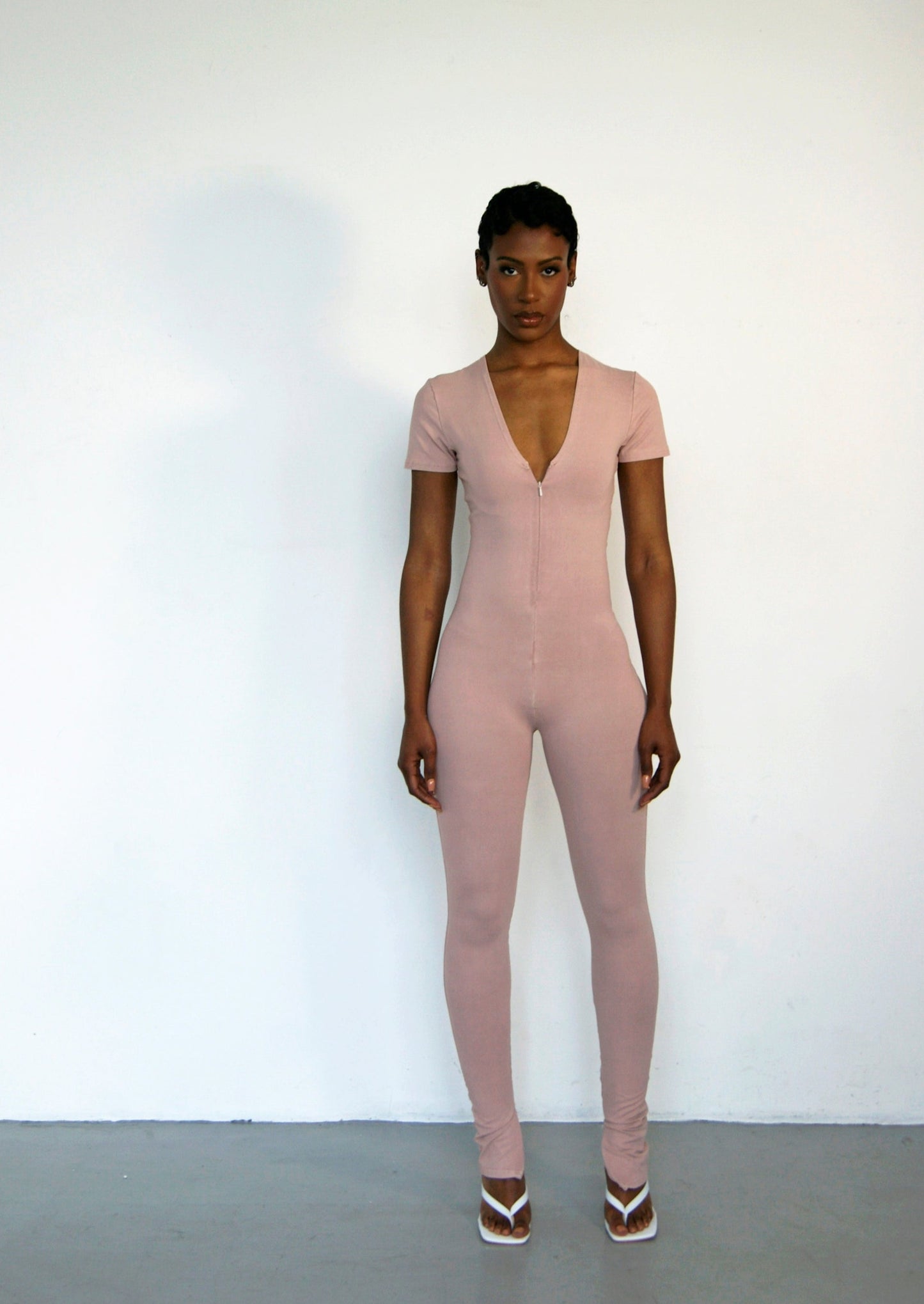 V-neck Zip Bodysuit  - Peony