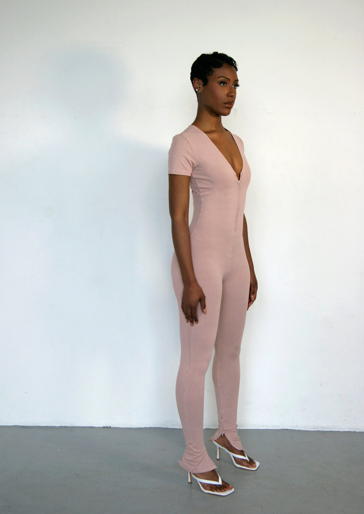 V-neck Zip Bodysuit  - Peony