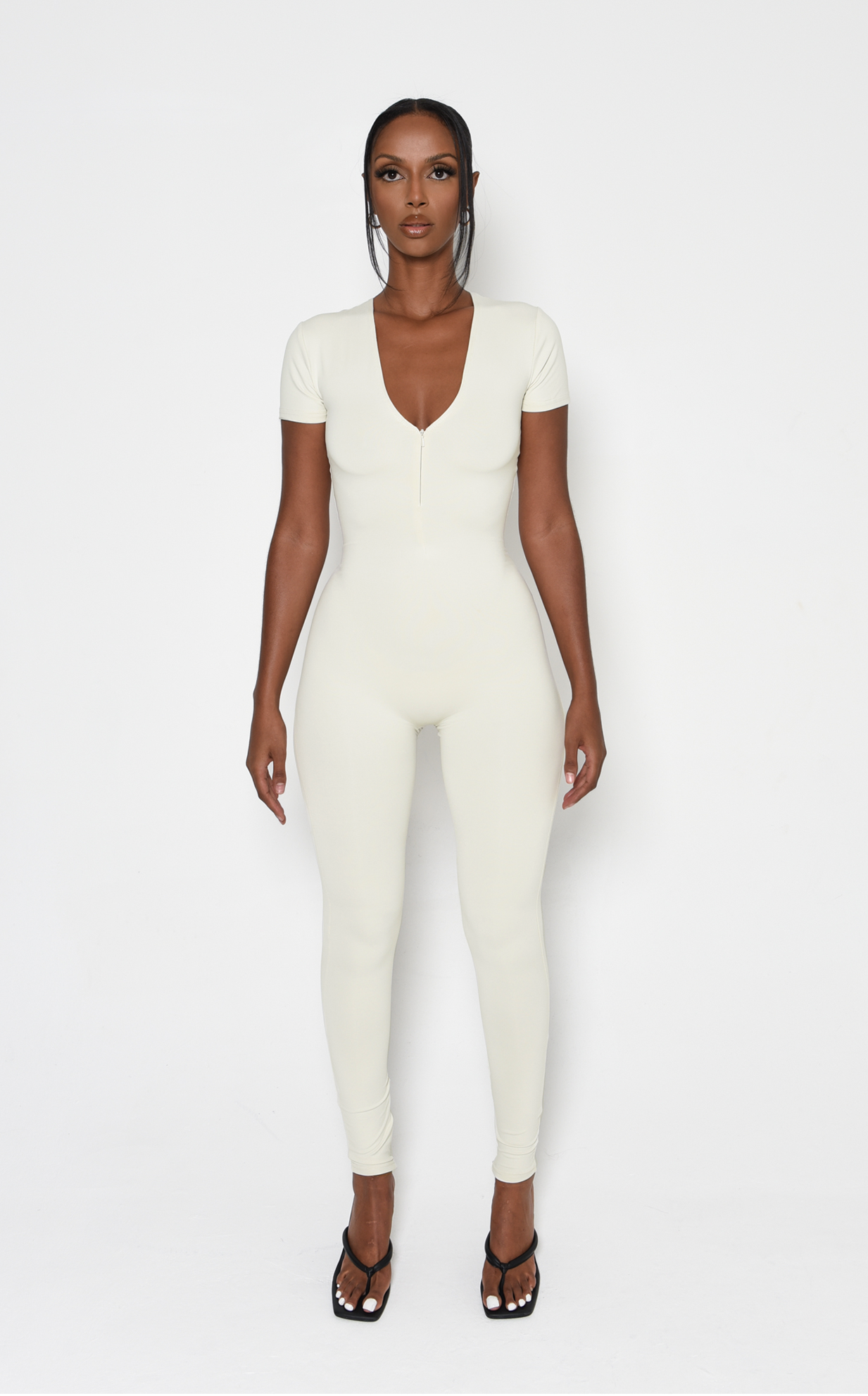 V-neck Zip Bodysuit - Creme